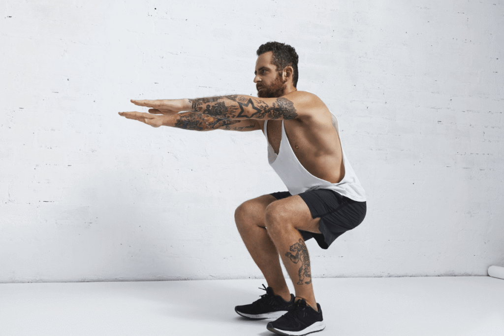 Bodyweight squat workout during crisis home workout routine